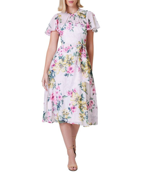 Платье с поясом и короткими рукавами Jessica Howard Petite Printed Flutter-Sleeve