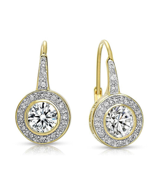 14K Gold Plated Round Cubic Zirconia Bezel Halo Dangle Earrings