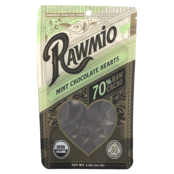 Rawmio, Сердечки с мятой и шоколадом, 70% сырого какао, 56,7 г (2 унции)