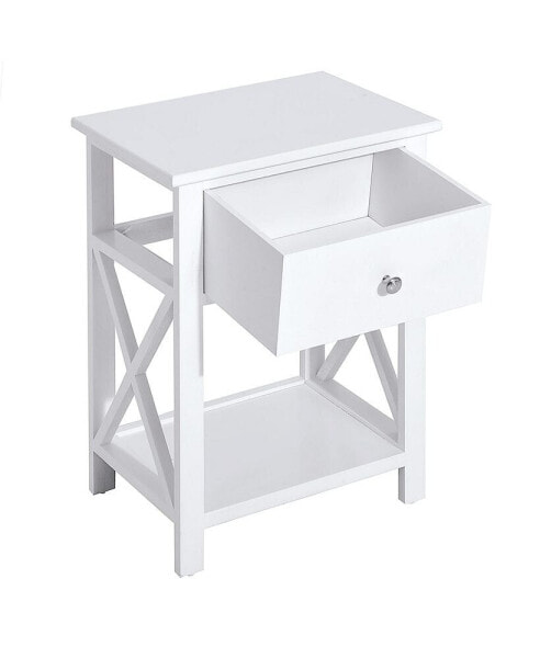 Side Table, Farmhouse End Table With Storage Drawer, Open Shelf And X-Frame, Bedside Table For Living Room, White