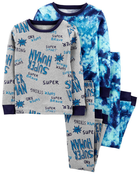 Kid 4-Piece Super Human Blue Tie Dye 100% Snug Fit Cotton Pajamas 5