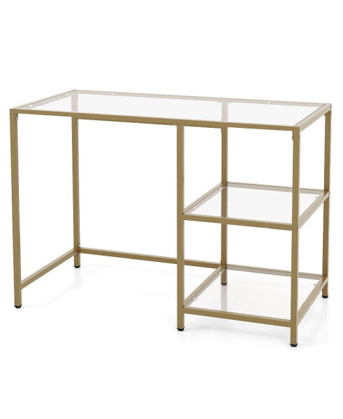 Modern Computer Table with 2 Open Shelves and Metal Frame-Golden