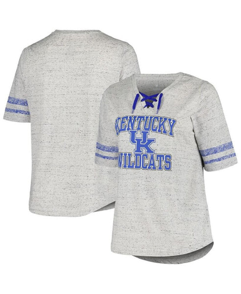 Women's Heather Gray Distressed Kentucky Wildcats Plus Size Striped Lace-Up T-shirt