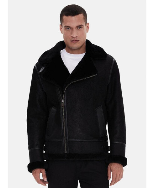 Men's Shearling Jacket, Silky Black With White Curly Wool