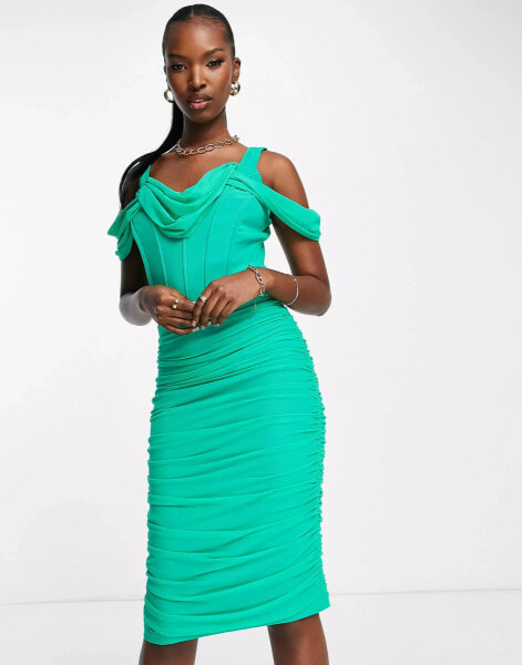 Rare London – Drapiertes, gerafftes Korsett-Midikleid in Green