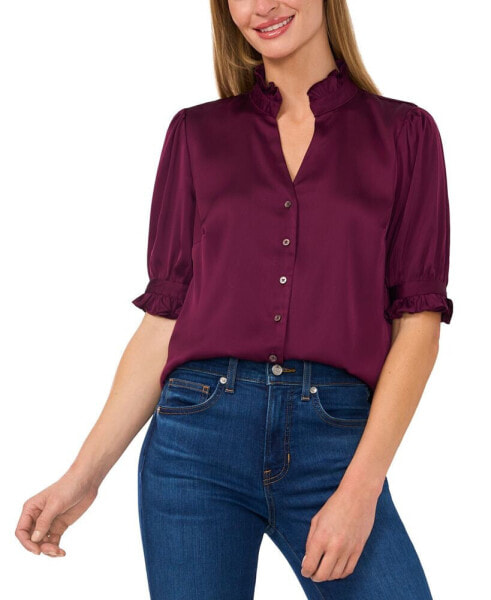 Women's Puff-Sleeve Button-Front Blouse