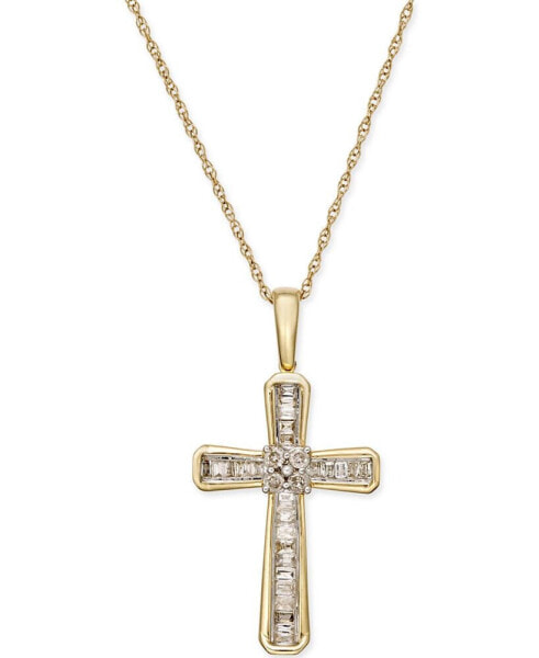 Diamond Baguette Cross Adjustable Pendant Necklace (1/5 ct. t.w) in 10k White or Yellow Gold