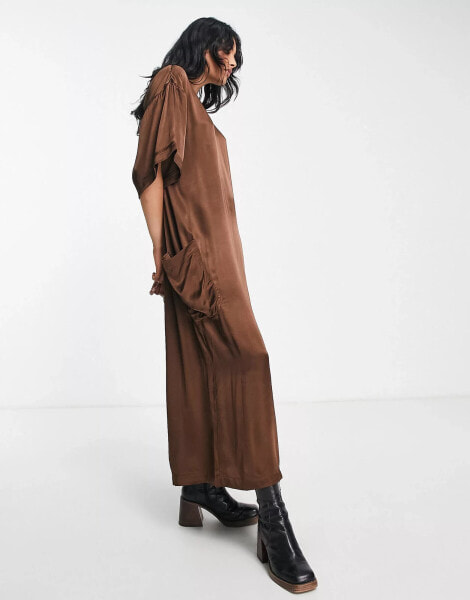 Topshop chuck on editor satin maxi dress in chocolate