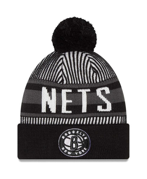 Men's Black Brooklyn Nets Striped Cuffed Pom Knit Hat