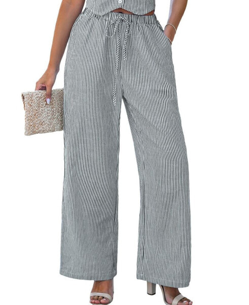 Women's Grey Striped Elastic Waist Straight Leg Pants