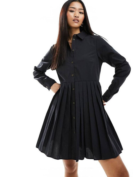 Miss Selfridge poplin pleated shirt dress in black