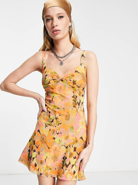 Topshop jersey twist front in large floral mesh mini dress in multi