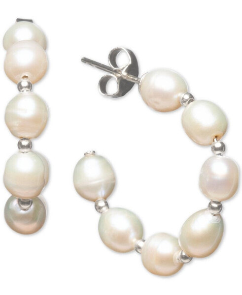 Cultured Freshwater Baroque Pearl (5- 5-1/2mm) & Polished Bead Small Hoop Earrings in Sterling Silver (Also available in White & Pink Pearls)