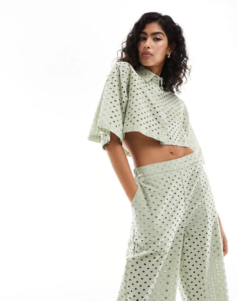 ASOS DESIGN broderie shirt in sage co-ord