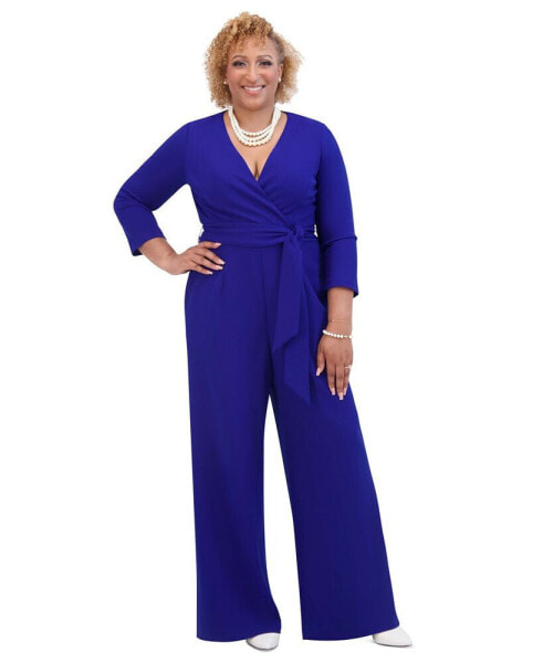 Women's Tie-Waist 3/4-Sleeve Wide-Leg Jumpsuit