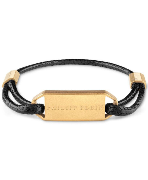Gold-Tone IP Stainless Steel Logo Tag Braided Leather Bracelet