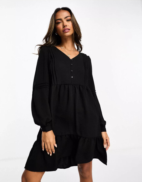 JDY v neck tiered mini dress in black