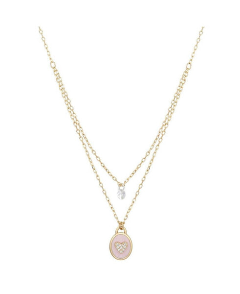 Unwritten 14Kt Gold Flash Plated Cubic Zirconia Pink Enamel Heart Layered Pendant Necklace