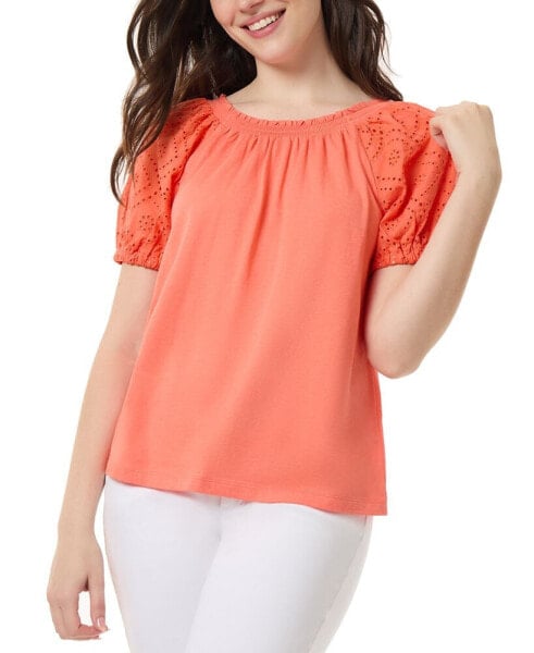 Petite Embroidered-Sleeve Smocked-Neck Top