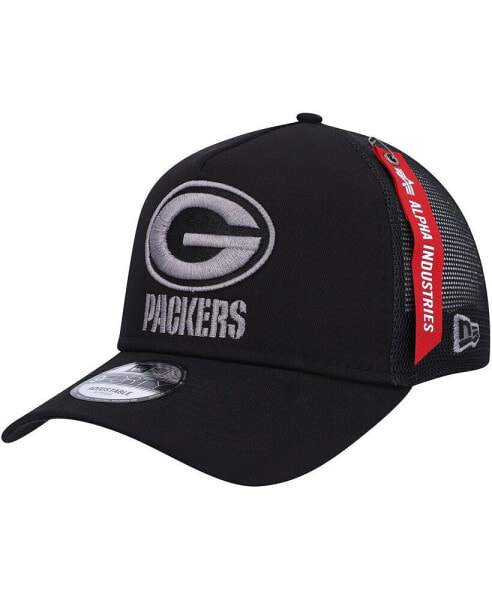 Men's x Alpha Industries Black Green Bay Packers A-Frame 9FORTY Trucker Snapback Hat