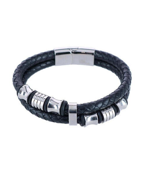 Silver and Leather Double Band Secure Clasp Bracelet