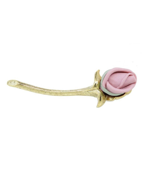 Gold-Tone Pink Long Stem Genuine Porcelain Rose Pin