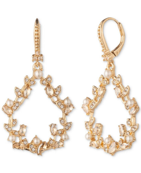 Gold-Tone Imitation Pearl & Stone Vine Leaf Orbital Earrings