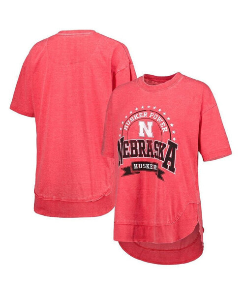 Women's Scarlet Distressed Nebraska Huskers Vintage-Like Wash Poncho Captain T-shirt