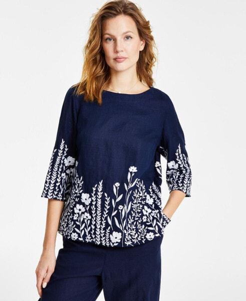 Plus Size 100% Linen Embroidered Top, Created for Macy's