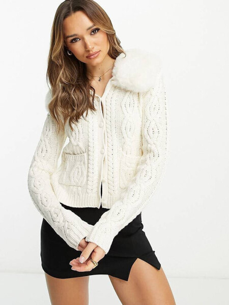 NA-KD x Moa Mattsson knitted cardigan with faux fur in cream