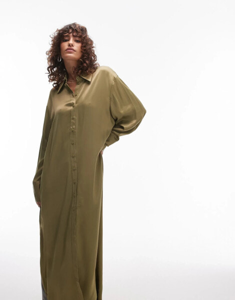 Topshop premium satin maxi shirt dress with step hem in khaki