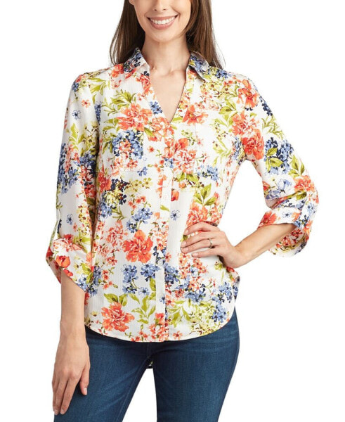 Juniors' Printed Collared Button-Down 3/4-Sleeve Top