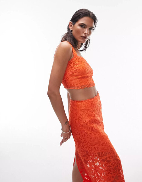 Topshop co-ord lace detail cropped top in orange