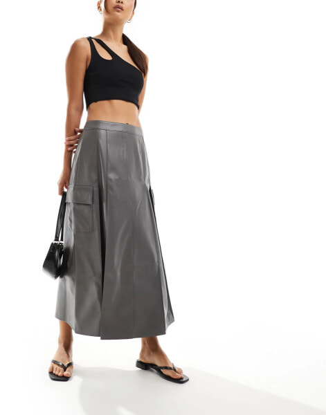 ASOS DESIGN faux leather pocket detail pleated midi skirt in grey