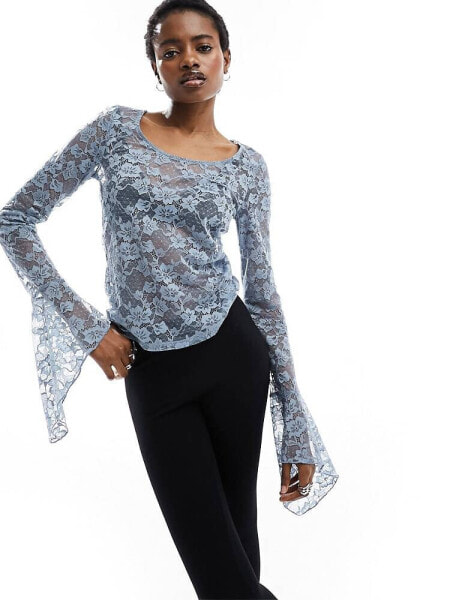 Monki long sleeve trumpet sleeve lace top in dusty blue