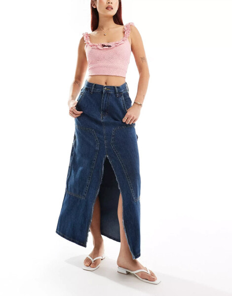 Moon River front slit denim midi skirt in mid blue