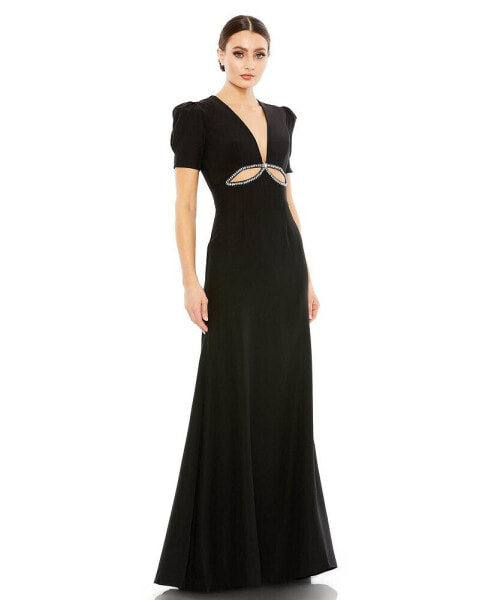 Women's Ieena Plunge Neck Puff Sleeve Cut Out Gown