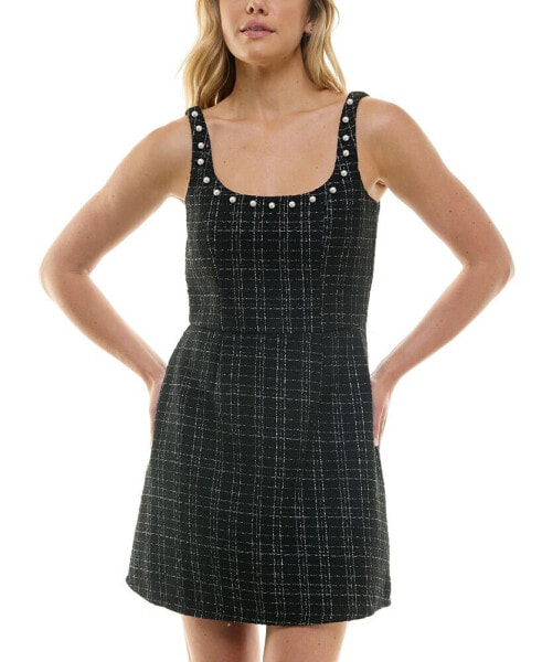 Juniors' Tweed and Imitation Pearl Accented Dress