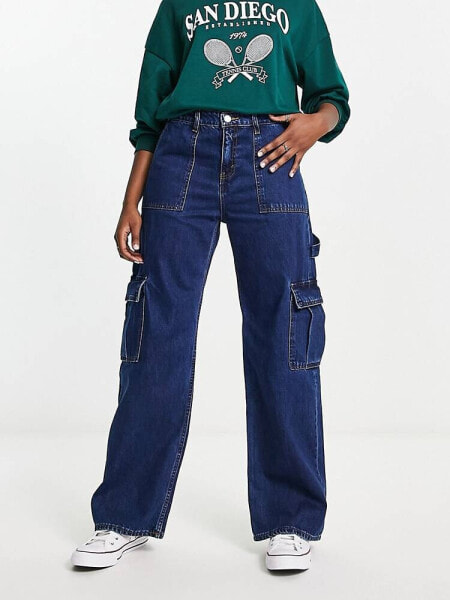 Monki wide leg cargo jeans in blue