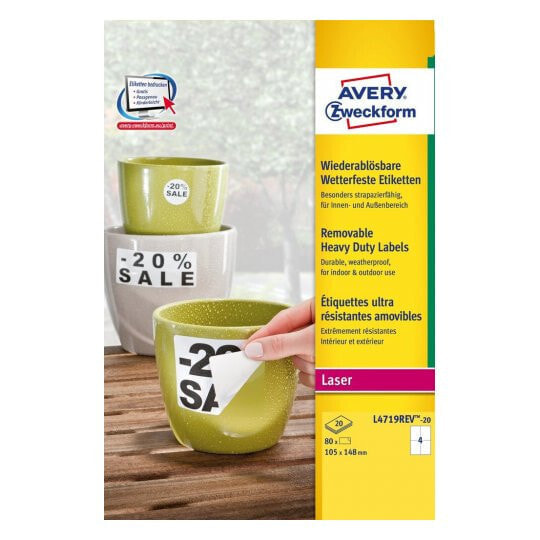 Avery Zweckform Avery L4719REV-20, White, Self-adhesive printer label, A4, Foil, Polyester, Laser, Removable