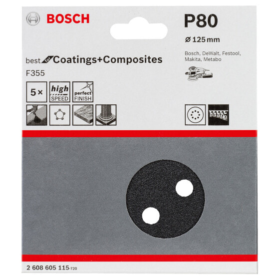 Bosch Schleifblatt F355, 125 mm, 80, 8 Löcher, Klett, 5er-Pack