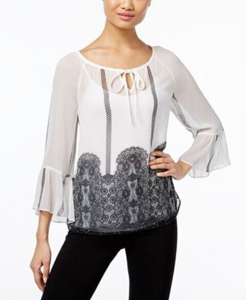 INC International Concepts Women's Blouse Bell Sleeve Sheer Peasant Top White S