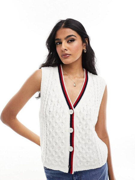 ASOS DESIGN cable waistcoat with tipping detail in cream