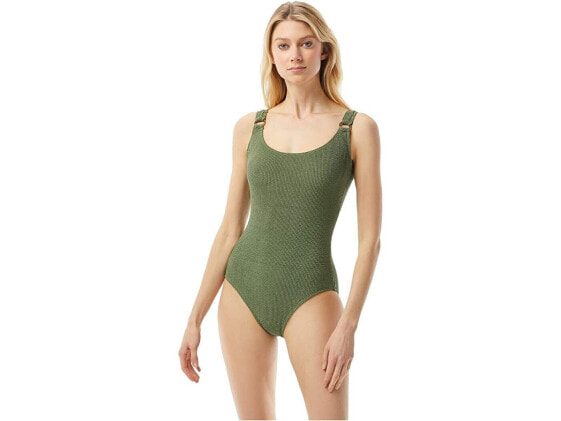 Michael Kors 263524 Women Logo Ring U-Neck One-Piece Army Green Swimsuit Size 8