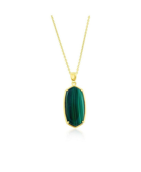 Sterling Silver Long Hexagon Malachite Pendant Necklace - Gold Plated