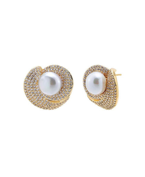 Pave Looped Imitation Pearl Stud Earring