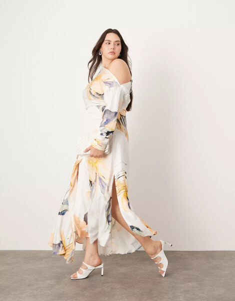 ASOS EDITION Curve fallen shoulder maxi dress in blurred floral print