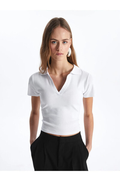 LCW Polo Yaka Düz Kısa Kollu Crop Kadın Tişört
