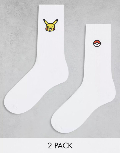 ASOS DESIGN 2 pack socks with Pokémon embroidery in white