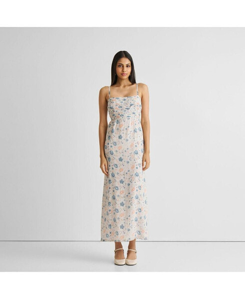 Women's Ruched Floral Strappy Maxi Dress